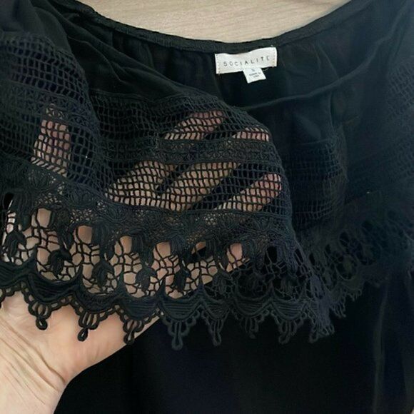 Socialite Womens Black Lace Long Sleeve Off The Shoulder Blouse Top Size Small - Picture 5 of 8